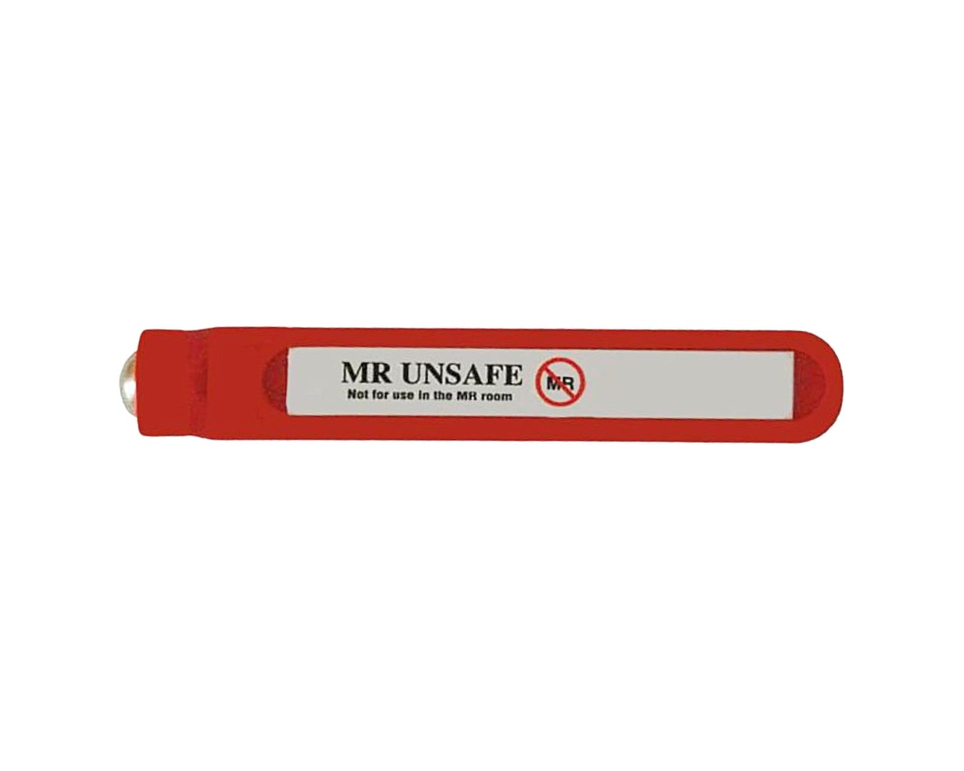 Red testing magnet with 'MR UNSAFE' label on a white background